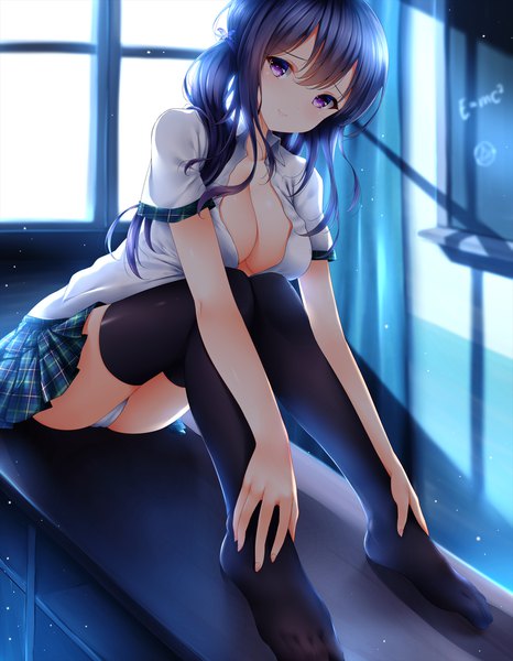 Anime picture 1556x2000 with original wsman single long hair tall image looking at viewer blush fringe breasts light erotic black hair smile hair between eyes large breasts twintails purple eyes cleavage indoors pleated skirt short sleeves
