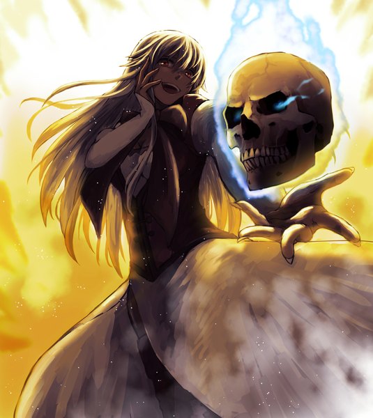 Anime picture 2000x2240 with natsume (stella blue) single long hair tall image looking at viewer highres open mouth blonde hair red eyes standing fingernails from below long fingernails girl dress fire skull