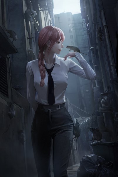 Anime picture 3055x4557 with chainsaw man mappa makima (chainsaw man) leesuyeon single long hair tall image fringe highres standing brown eyes payot looking away absurdres red hair braid (braids) profile light smile lips city