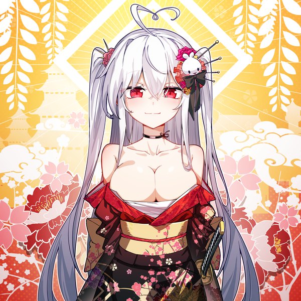 Anime picture 3000x3000 with niliu chahui tokisaki mio qys3 single long hair looking at viewer blush highres breasts light erotic red eyes large breasts standing silver hair upper body ahoge traditional clothes japanese clothes off shoulder two side up