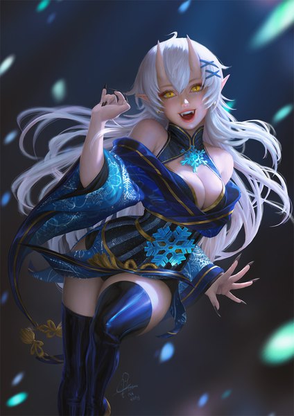 Anime picture 1200x1698 with original ina wong single long hair tall image looking at viewer breasts open mouth light erotic smile large breasts signed yellow eyes cleavage white hair nail polish traditional clothes japanese clothes horn (horns) fingernails