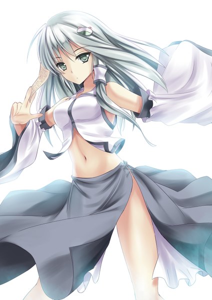 Anime picture 2480x3507 with touhou kochiya sanae zi se single long hair tall image highres simple background white background green eyes green hair midriff girl skirt navel hair ornament detached sleeves hair tubes ofuda