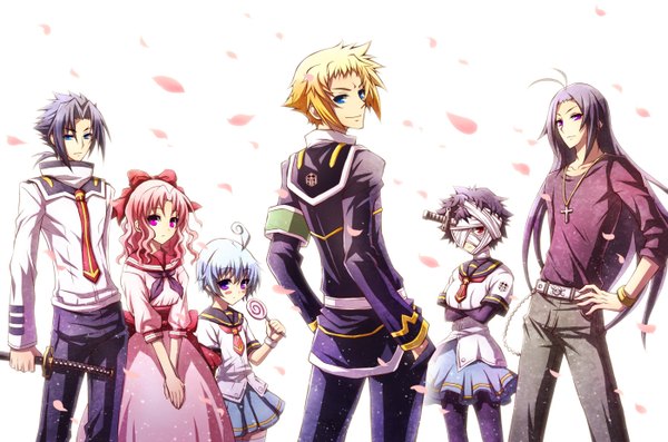 Anime picture 1400x928 with medaka box gainax hitoyoshi zenkichi shiranui hansode emukae mukae naze youka munakata kei kurokami maguro soritari long hair short hair blue eyes blonde hair red eyes purple eyes multiple girls pink hair purple hair white hair looking back