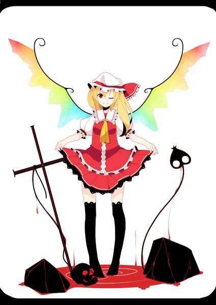 Anime picture 1446x2046 with touhou flandre scarlet meneru tall image short hair blonde hair red eyes one eye closed wink girl thighhighs dress skirt weapon black thighhighs wings blood bonnet skirt set skull