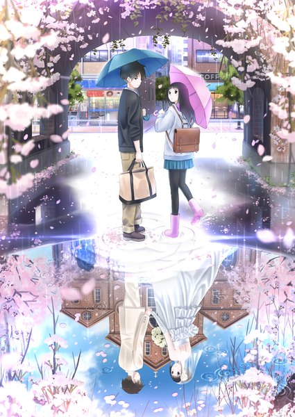 Anime picture 1032x1457 with original taka (tsmix) long hair tall image short hair black hair looking back black eyes couple cherry blossoms reflection rain different reflection girl dress boy skirt flower (flowers) plant (plants) petals
