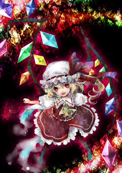 Anime picture 1061x1500 with touhou flandre scarlet yoko (shiocolor) single tall image short hair blonde hair smile red eyes girl dress hat wings crystal