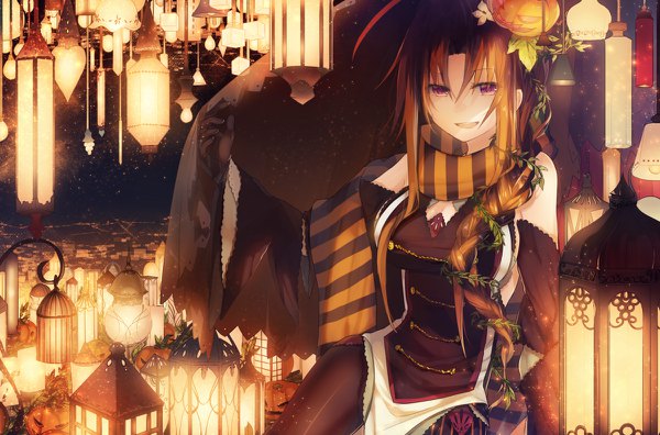 Anime picture 1200x792 with original teigi single long hair looking at viewer open mouth red eyes brown hair braid (braids) halloween girl dress gloves black gloves elbow gloves scarf lamp
