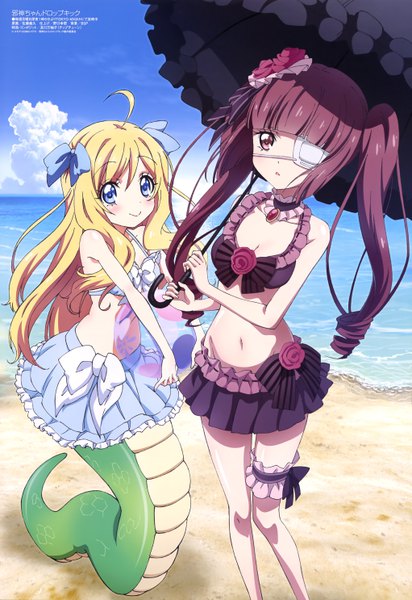 Anime-Bild 4085x5942 mit jashin-chan dropkick megami magazine hanazono yurine jashin-chan satou yoshihisa long hair tall image highres blue eyes blonde hair brown hair multiple girls brown eyes absurdres sky cloud (clouds) ahoge scan official art beach