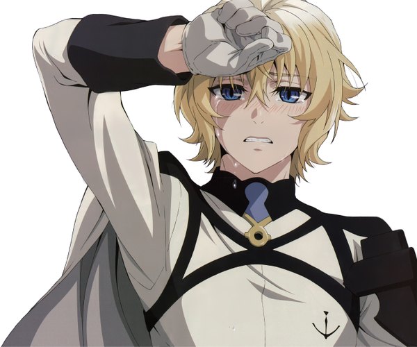 Anime picture 5520x4605 with owari no seraph wit studio hyakuya mikaela single looking at viewer blush fringe highres short hair blue eyes simple background blonde hair standing white background absurdres parted lips scan tears hand on head crying