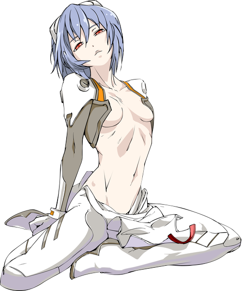 Anime picture 5000x6000 with neon genesis evangelion gainax ayanami rei aki (9aki) single tall image looking at viewer highres short hair breasts light erotic red eyes sitting blue hair absurdres open clothes bare belly spread legs covered navel transparent background