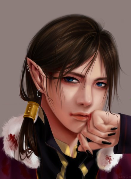 Anime picture 1476x2007 with original muy juzi single long hair tall image looking at viewer blue eyes simple background brown hair ponytail nail polish lips pointy ears realistic piercing elf boy earrings necktie fur