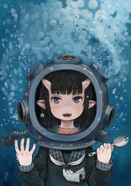 Anime picture 1000x1414 with original ebi (ebimomo) single tall image looking at viewer fringe short hair open mouth blue eyes black hair horn (horns) pointy ears teeth fang (fangs) underwater oni horns checkered girl water bubble (bubbles)