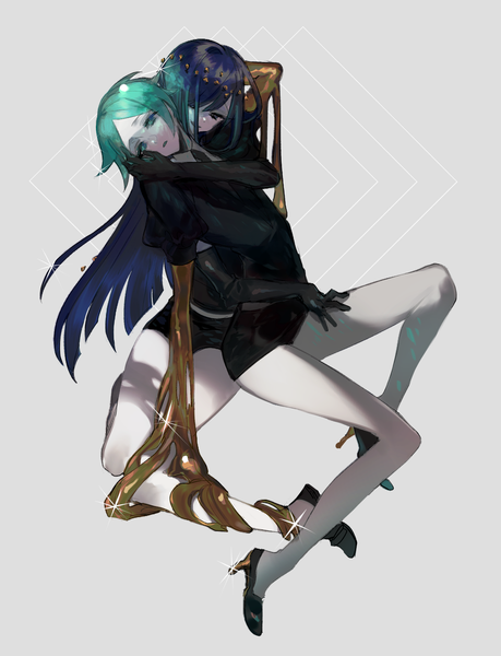 Anime picture 1325x1733 with houseki no kuni phosphophyllite lapis lazuli (houseki no kuni) lunch (lunchicken) long hair tall image short hair simple background blue hair full body aqua eyes aqua hair grey background sparkle high heels puffy sleeves androgynous spoilers hand on another's face gloves