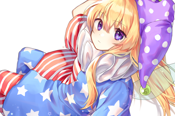 Anime picture 1800x1200 with touhou clownpiece cheunes single long hair looking at viewer fringe highres simple background blonde hair hair between eyes white background striped polka dot cute star print girl hat wings star (symbol)