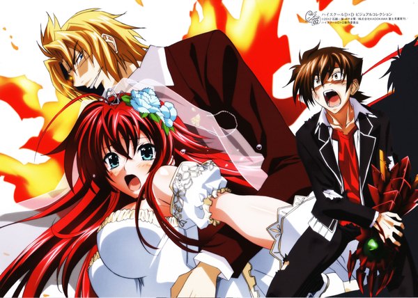 Anime picture 6929x4943 with highschool dxd rias gremory hyoudou issei miyama zero mishima hiroji long hair blush highres short hair open mouth blue eyes blonde hair smile brown hair brown eyes absurdres red hair hair flower scan official art