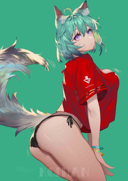 Anime picture 2894x4093 with original koi han single tall image looking at viewer fringe highres short hair breasts light erotic simple background hair between eyes large breasts standing purple eyes signed animal ears cleavage ahoge ass
