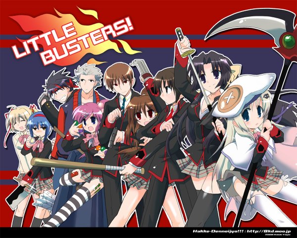 Anime picture 1280x1024 with little busters! key (studio) noumi kudryavka natsume rin kamikita komari kurugaya yuiko saigusa haruka nishizono mio naoe riki natsume kyousuke inohara masato miyazawa kengo hizuki yayoi short hair blue eyes black hair blonde hair smile red eyes blue hair