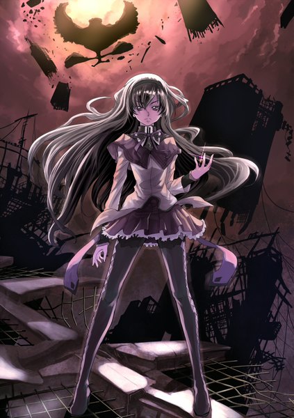 Anime picture 1048x1488 with mahou shoujo madoka magica shaft (studio) akemi homura realmbw single long hair tall image black hair brown eyes cloud (clouds) magic destruction girl pantyhose hairband