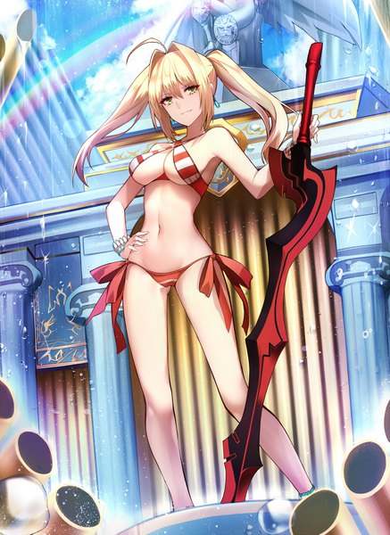 Anime picture 1570x2153 with fate (series) fate/grand order nero claudius (fate) (all) nero claudius (swimsuit caster) (fate) shiguru single long hair tall image looking at viewer fringe breasts light erotic blonde hair hair between eyes large breasts twintails green eyes ahoge from below hand on hip