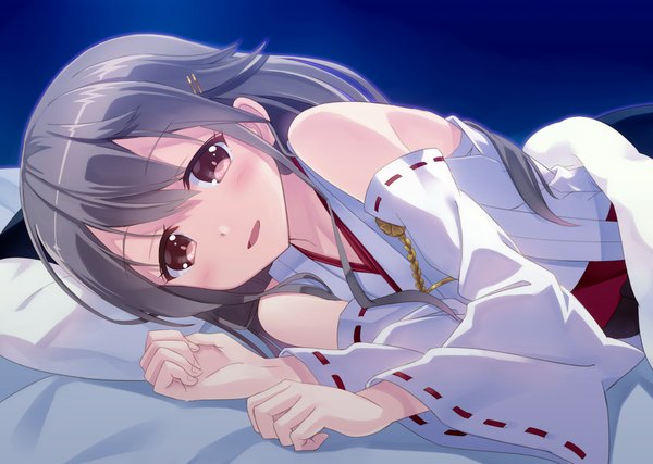 Anime picture 1122x800 with kantai collection haruna battleship hyuuga azuri single long hair looking at viewer blush open mouth black hair bare shoulders brown eyes girl detached sleeves