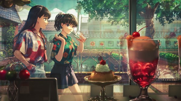 Anime picture 1920x1080 with original sugi87 long hair fringe highres open mouth brown hair wide image multiple girls holding brown eyes looking away sky outdoors ponytail blunt bangs short sleeves hand in pocket walking drinking