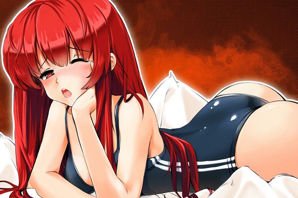Anime picture 1100x733 with original oceans-art single long hair looking at viewer blush open mouth light erotic red eyes ass red hair lying one eye closed wink girl swimsuit