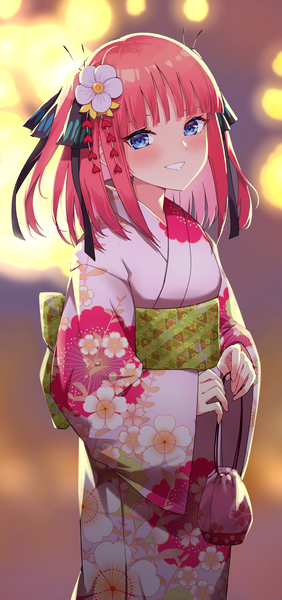 Anime picture 1200x2557 with go-toubun no hanayome nakano nino profnote single tall image looking at viewer blush fringe short hair breasts blue eyes smile standing holding pink hair blunt bangs traditional clothes parted lips japanese clothes hair flower
