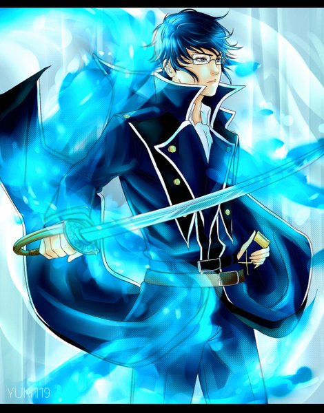 Anime picture 1000x1275 with k-project gohands (studio) munakata reishi single tall image short hair blue eyes blue hair looking away glowing boy weapon sword glasses