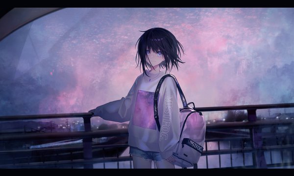 Anime-Bild 2000x1200 mit original haizome senri single looking at viewer fringe highres short hair black hair hair between eyes wide image standing purple eyes payot sky cloud (clouds) outdoors light smile wind sleeves past wrists clothes writing
