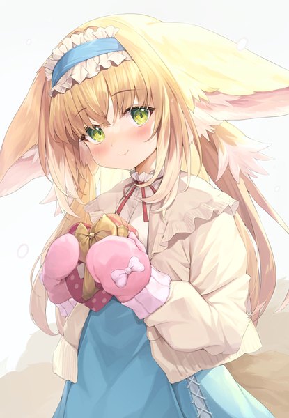 Anime picture 830x1200 with arknights suzuran (arknights) suzuran (spring praise) (arknights) gedou (shigure seishin) single long hair tall image looking at viewer blush simple background blonde hair smile white background holding green eyes animal ears fox ears official alternate costume fox girl valentine