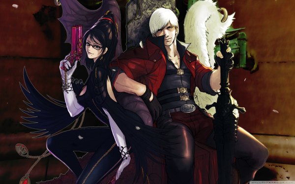 Anime picture 2560x1600 with devil may cry bayonetta dante (devil may cry) bayonetta (character) long hair looking at viewer highres short hair black hair smile red eyes wide image sitting green eyes white hair ponytail girl boy gloves hair ornament