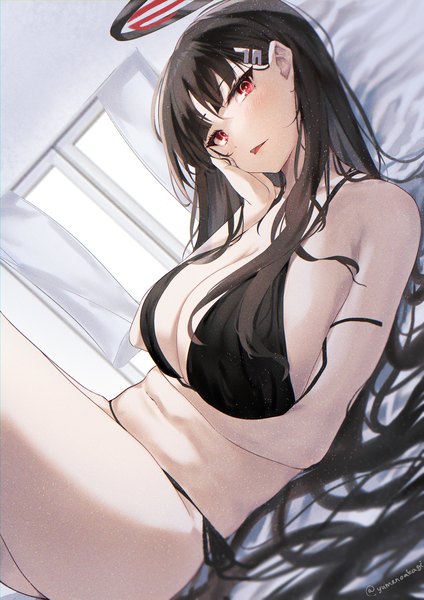 Anime picture 2472x3500 with blue archive rio (blue archive) yumenoakagi single tall image looking at viewer highres breasts light erotic black hair red eyes large breasts lying very long hair on back girl swimsuit bikini window halo