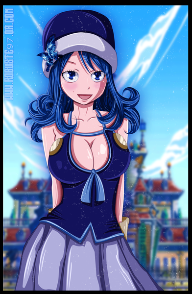 Anime picture 2008x3072 with fairy tail juvia lockser robuste97 single long hair tall image blush highres breasts open mouth blue eyes light erotic large breasts blue hair sky cloud (clouds) coloring hands behind back girl skirt