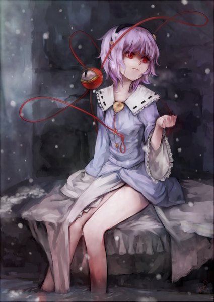 Anime picture 1007x1423 with touhou komeiji satori knickers (artist) single tall image short hair red eyes sitting purple hair indoors legs snowing winter snow soaking feet girl water hairband eyeball