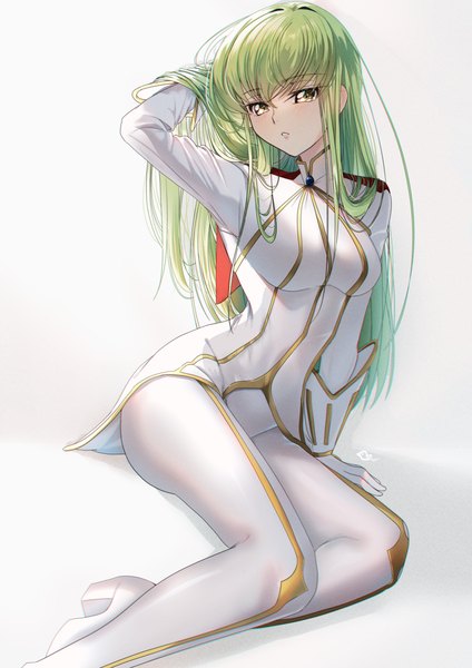Anime-Bild 2893x4092 mit code geass sunrise (studio) c.c. budgiepon single long hair tall image looking at viewer fringe highres breasts simple background hair between eyes white background sitting yellow eyes payot parted lips arm up green hair