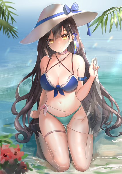 Anime picture 2480x3508 with tower of fantasy lin (tower of fantasy) xiatian single long hair tall image looking at viewer blush fringe highres breasts light erotic black hair smile hair between eyes large breasts sitting yellow eyes outdoors nail polish