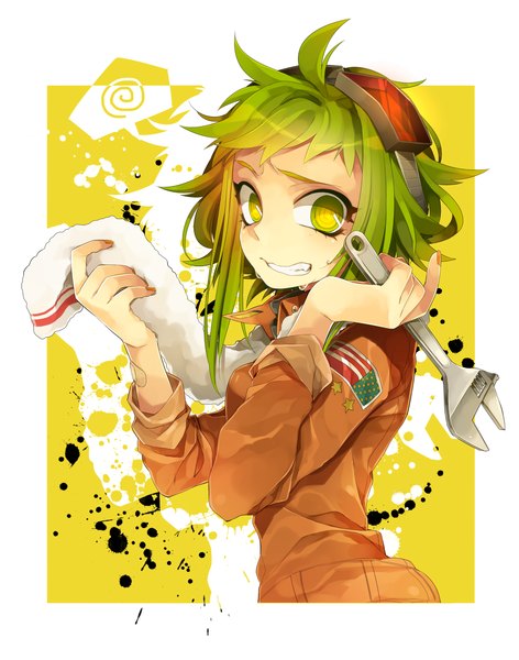 Anime picture 1500x1907 with vocaloid gumi haruka (fizz) single tall image looking at viewer fringe breasts smile holding green eyes green hair sweat alternate costume goggles on head girl star (symbol) towel goggles flag