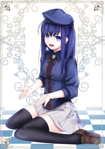 Anime picture 848x1200 with original yoshida takuma single long hair tall image looking at viewer open mouth blue eyes blue hair girl thighhighs skirt black thighhighs beret