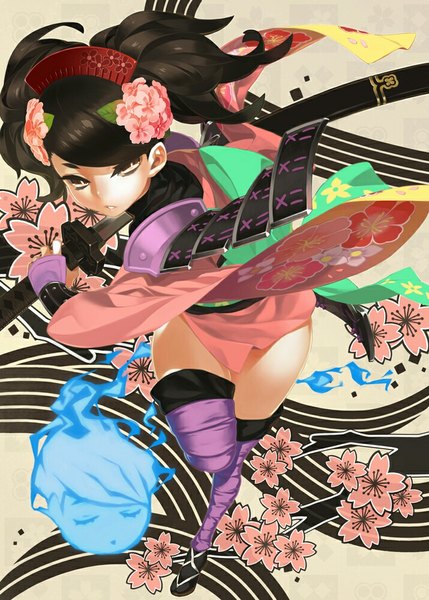 Anime picture 715x1000 with oboro muramasa (game) vanillaware momohime 92m single long hair tall image open mouth black hair twintails holding brown eyes looking away short twintails fighting stance girl thighhighs hair ornament flower (flowers) weapon