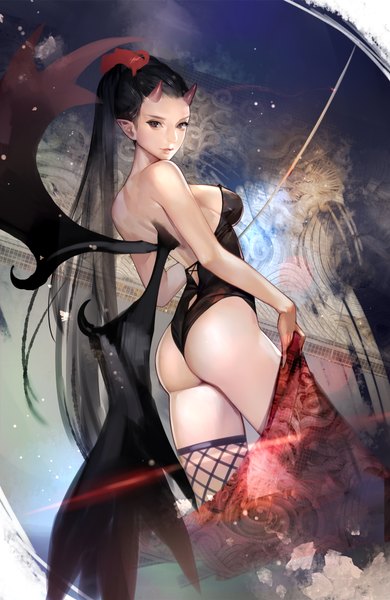 Anime picture 1300x2000 with original koneko kosodate chuu single tall image looking at viewer breasts light erotic black hair large breasts standing bare shoulders holding ass nail polish horn (horns) fingernails pointy ears black eyes from below thighs