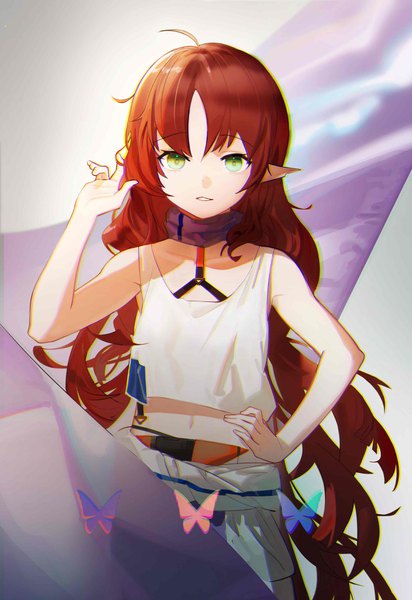 Anime picture 2480x3608 with arknights myrtle (arknights) leiq single tall image looking at viewer fringe highres brown hair standing bare shoulders green eyes payot ahoge very long hair parted lips arm up pointy ears bare belly hand on hip
