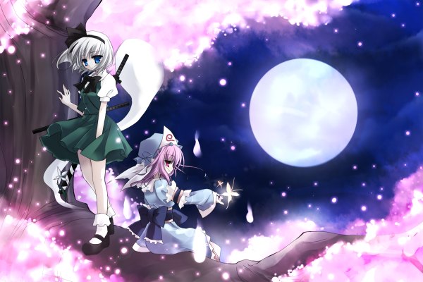 Anime picture 1200x800 with touhou konpaku youmu saigyouji yuyuko myon imari yuka looking at viewer blue eyes red eyes standing sitting multiple girls holding sky purple hair silver hair traditional clothes profile night cherry blossoms dual wielding