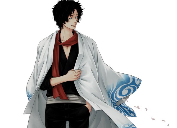 Anime picture 1000x722 with gintama sunrise (studio) sakamoto tatsuma single short hair blue eyes black hair simple background smile white background looking away traditional clothes japanese clothes hand in pocket boy kimono scarf