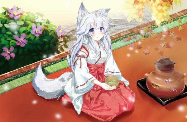 Anime picture 1200x787 with original geso (nekomachi) single long hair looking at viewer blush blue eyes animal ears white hair tail traditional clothes animal tail girl flower (flowers) leaf (leaves)