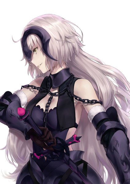 Anime picture 2480x3507 with fate (series) fate/grand order fate/apocrypha jeanne d'arc (fate) (all) jeanne d'arc alter (fate) jeanne d'arc alter (avenger) (third ascension) (fate) twintails isshou tsui single long hair tall image fringe highres breasts simple background white background bare shoulders holding yellow eyes looking away ahoge