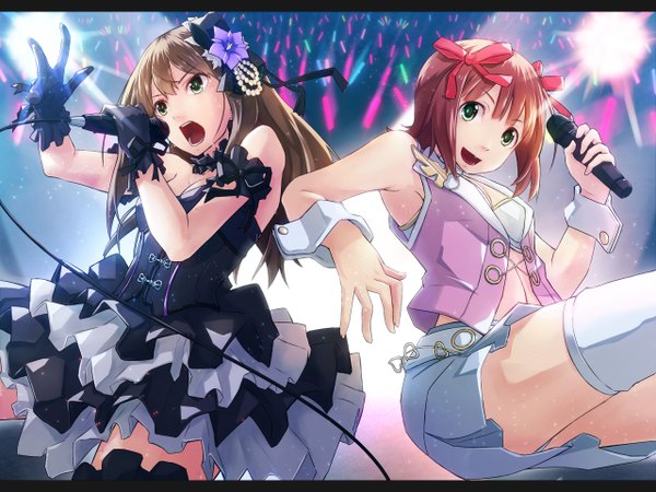 Anime picture 1280x960 with idolmaster idolmaster cinderella girls shibuya rin amami haruka long hair short hair open mouth black hair brown hair multiple girls green eyes letterboxed singing pink diamond 765 black gothic dress (idolmaster) girl thighhighs dress skirt hair ornament