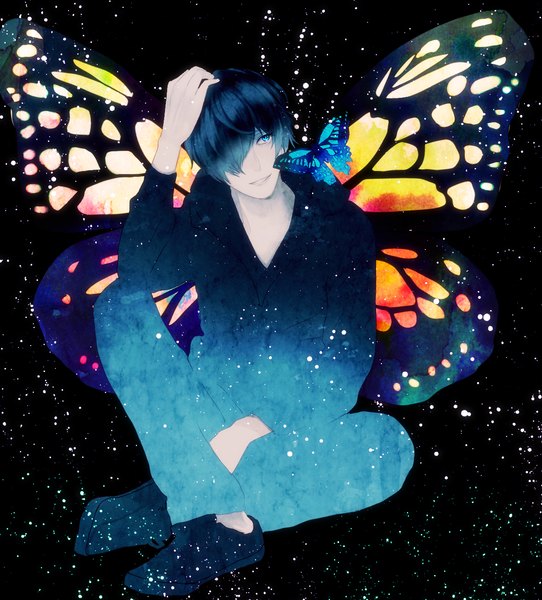 Anime picture 1235x1368 with original parel (artist) single tall image fringe short hair blue eyes smile blue hair hair over one eye teeth night sky looking up pale skin insect wings butterfly wings boy insect butterfly