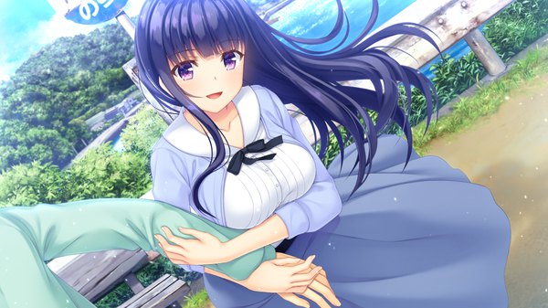 Anime picture 1280x720 with natural vacation hibiki works fujisaki haruka asami asami long hair looking at viewer fringe open mouth black hair wide image purple eyes game cg blunt bangs head tilt holding hands solo focus girl boy