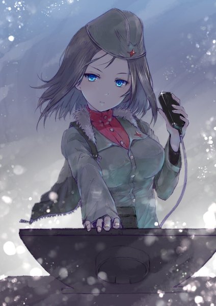 Anime picture 706x1000 with girls und panzer nonna (girls und panzer) yurikuta tsukumi single tall image looking at viewer fringe short hair breasts blue eyes brown hair holding upper body outdoors wind fur trim snowing unzipped military girl