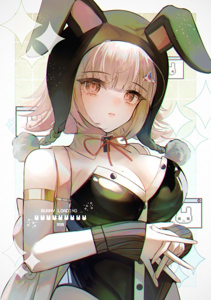 Anime picture 1748x2480 with dangan ronpa super dangan ronpa 2 nanami chiaki wny (wnys art) single tall image looking at viewer blush fringe highres short hair breasts light erotic large breasts bare shoulders animal ears pink hair cleavage upper body blunt bangs